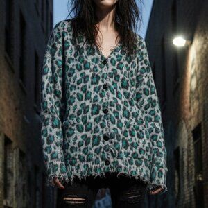 $595 R13 distressed edgy blue gray leopard oversized cardigan S